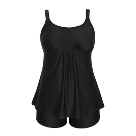 Holipick Plus Size Two Piece Tankini Swimsuits for Women Flowy Swimdress Tummy Control Bathing Suits with Shorts, Black, 14 Plus