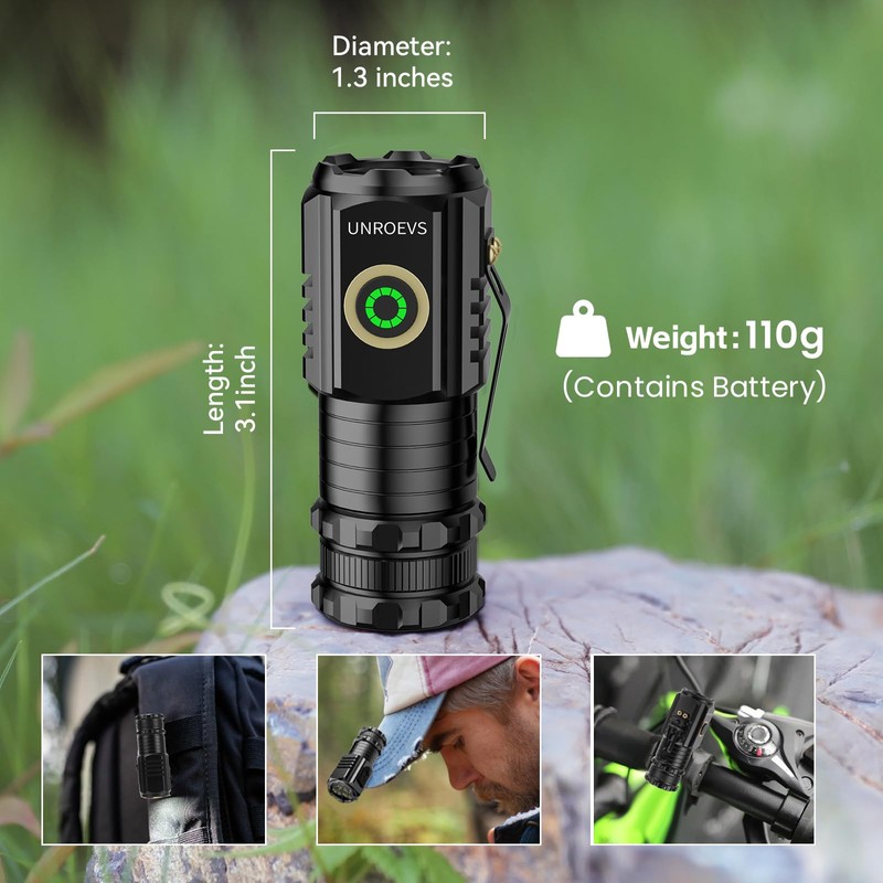 UNROEVS Mini Flashlight 2550 Lumens Rechargeable USB C Charging, Small