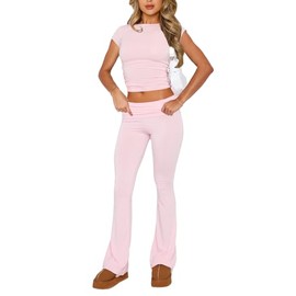 WangsCanis Women 2 Piece Lounge Sets Matching Sets Short Sleeve Cropped Top Fold Over Flare Pants Yoga Tracksuit (Pink, M)
