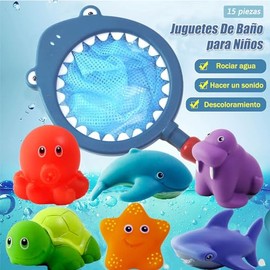 15 Piezas Juego de Pesca para Niños, Juguetes de Baño para Niñas y Niños, Juguete de Pesca Incluye 1 Redes de Pesca y 14 Animales Flotantes para Pisci