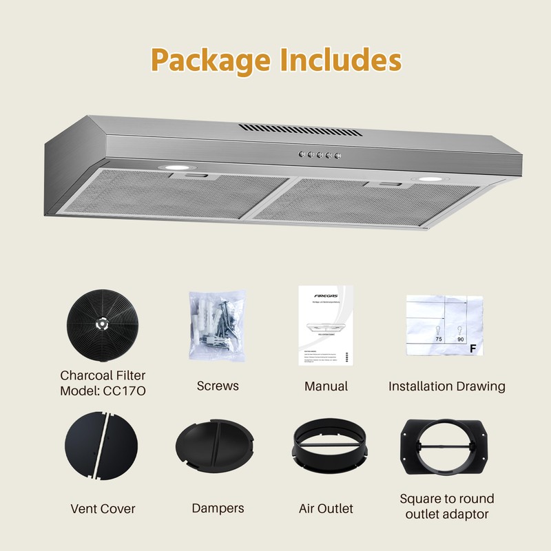 FIREGAS Under Cabinet Range Hood 30 inch with Brushless DC