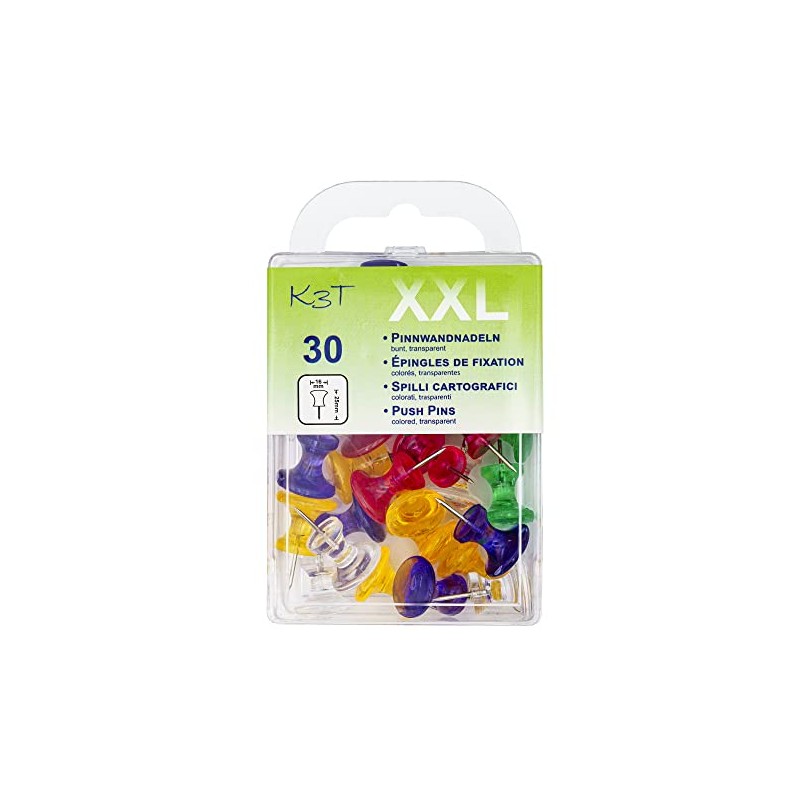 K3T 48359 Push Pins XXL Pack of 30 Assorted Colours