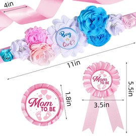 PATICARRY Set Mom to be & Daddy to be Corsage and Maternity Flower Sash for Gender Reveal Decorations Boy or Girl Baby Shower Sash and Tinplate Badge Pin Pregnancy Maternity Sash to Be