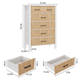 Jocoevol White Dresser 6 Drawer Dresser for Bedroom, Modern Fluted Dresser with Solid Wood Legs, Tall Double Wooden Dresser Large Chest of Drawers for Living Room, Entryway, Hallway (Wood Fluted)