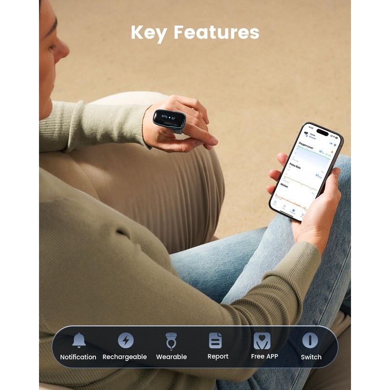 Vibeat Oxylink Wearable Pulse Oximeter - Bluetooth Oxygen Meter with