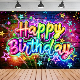 Ufeela Neon Happy Birthday Backdrop 7Wx5H Feet Fabric Polyester Funny Brick Wall Colorful Graffiti Fireworks Splatter Modern Cool Photography Background Banner Photo Shoot Decor Prop
