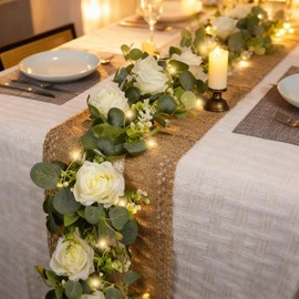 Solivya 2 Pack 5.9 FT Artificial Flower Garland with Lights, Fake Floral Garland with 12 White Roses, White Flower Decorations for Arch Table Centerpieces Backdrop Party Home Wedding Decorations
