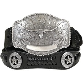 State of Texas Longhorn and Star Western Embossed Leather Belt (38, Black)