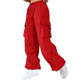 SweatyRocks Women's Drawstring Elastic Waist Loose Pants Casual Flap Pocket Cargo Pants Trousers Red S