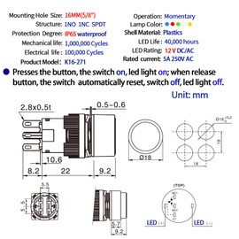 16MM Momentary Push Button Switch 12VDC LED Light Round Head 1NO 1NC SPDT ON Off 0.63" with Socket Plug Wire Waterproof IP65 Self-Reset 3Pcs K16-271 (Green, Momentary)