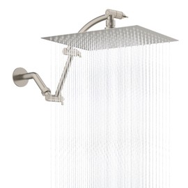 Hibbent All Metal Rain Shower Head, 12'' High Pressure Rainfall Showerhead with 16" Shower Head Extension Arm, Solid Brass Adjustable Shower Arm Extender, Waterfall fixed Showerheads, Brushed Nickel
