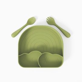 Muqee Peeko Baby Plates with Suction in an Silicone Baby Feeding Set with Suction Silicone Tray in Green color with Suction Plates for Toddlers and toddler utensils - (3 Piece Set)