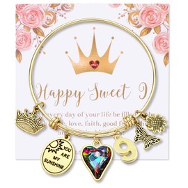 Miss Pink 9 Year Old Birthday Bracelet Gifts for Birthday Happy 9th Birthday Gifts Ideas for Her Daughter Granddaughter Niece Sister 14k Gold Plated Charm Bracelets Bday Presents Favors