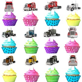 24-Pcs Semi Truck Cupcake Toppers Set Transportation Themed Happy Birthday - Kids Big Truck Themed Party, Boy and Girl Birthday Party, or Baby Shower Party Car Decorations - LIANGSS