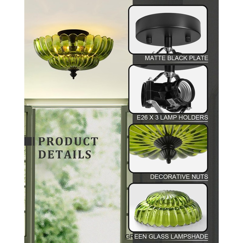 ANYLOVE Modern 12Inch Green Flower Glass Semi Flush Mount Ceiling