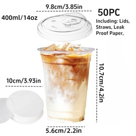 Zykphao 50 Pack - 14 oz Reusable Clear Cups with Lids, Leak Proof Paper, Ideal for Cold Beverages, Smoothies, Coffee Drinks, Parties, Camping, picnics, Garden, Home ﻿