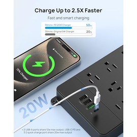 TROND Regleta con Protector contra sobretensiones, regleta de Enchufe Plano con Cargador USB C y QC 3.0 de 32 W, 4000 J, certificación ETL, 13 Salidas