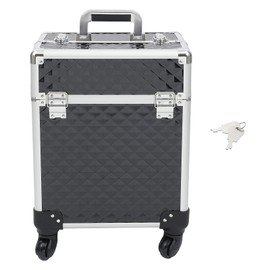 RibasuBB Rolling Makeup Train Case, Large Storage Cosmetic Trolley with 4 Tray, Professional Aluminum Cosmetic Case, Travel Makeup Trolley with Sliding Rail Removable Middle (Black)