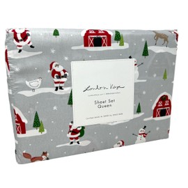 AWW GIFFTS Santa Winter Barnyard 4-PC Queen Sheet Set by London Kaye | Microfiber | Oeko-TEX | Christmas Tree ~ Snowman ~ Colorful Holiday Bedding