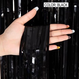 2 Pack Foil Fringe Curtains – Metallic Tinsel Party Backdrop for Birthday, Photo Booth, Baby Shower, Graduation, Bachelorette, Wedding – 3.2 x 6.5 ft Streamers (Multiple Colors) (Black)