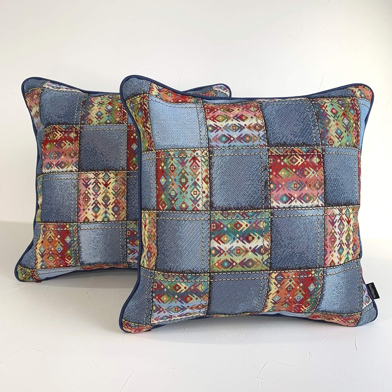 Out Style 45x45 Gobelins Imported Fabric Cushion Cover (Denim Stitch,