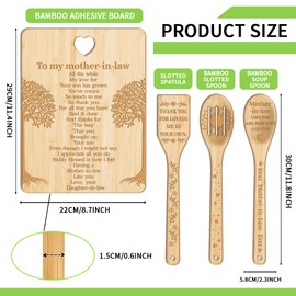 WEBEEDY Mom Bamboo Wood Cutting Board to My Mother in Law Tree Engraved Cutting and Charcuterie Board with 3Pcs Wooden Spoon Small Cutting Board with Hanging Hole Presents for Moml,22x29x1.5cm