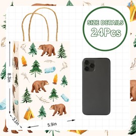 JarThenaAMCS 24Pcs One Happy Camper Paper Gift Bags Camping First Birthday Treat Bags with Handles Forest Bear Candy Goodie Bags for Baby Shower Party Supplies