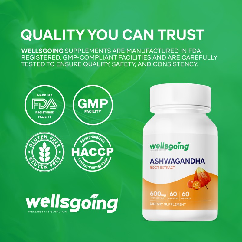 Wellsgoing Ashwagandha Herbal Supplement 600 mg, Ashwagandha Root Extract with