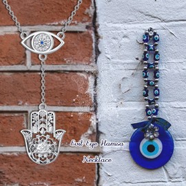 MEIDERBO Evil Eye Necklace for Women Y Lariat Sterling Silver Hamsa Necklace Protection Amulet Evil Eye Pendant Necklace Jewelry Mother's Day Birthday Gifts