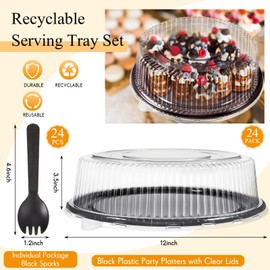 24 Pack 12 Inch Heavy Duty Serving Tray with Clear Lid and Sporks, Large Plastic Tray with Elegant Platter Round Black Disposable for Fruit Sandwich Party Takeout Food Catering Picnic