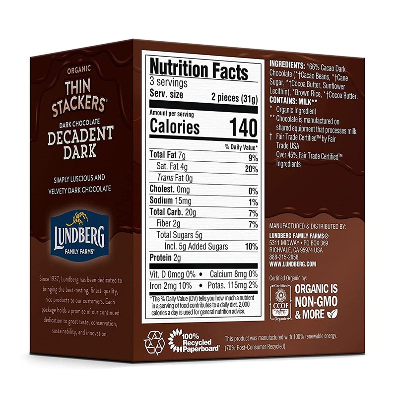 Lundberg Organic Thin Stackers Rice Cake, Decadent Dark Chocolate, Fair