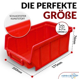 HMH 80 x Stacking Boxes Red Size 2 for Workshop Garage Storage Boxes (L x W x H) 175 x 103 x 76 mm Storage Boxes Red Storage Boxes for Small Parts Storage Stacking Box Polypropylene
