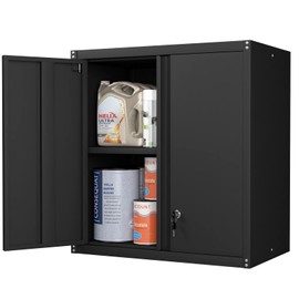 Steel Wall Cabinet, Metal Locking Wall Cabinet, Wall Hanging Metal Cabinet for Garage Tool Storage, Wall Mount Tool Cabinet for Garage, Laundry Room, Pantry, Black