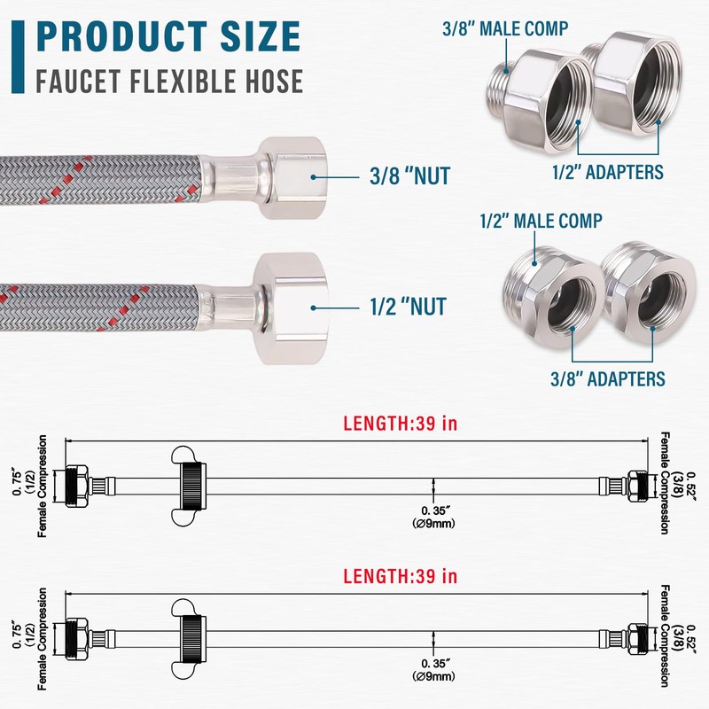 Faucet Supply Lines, 39" Braided Nylon Faucet Hose Connector for