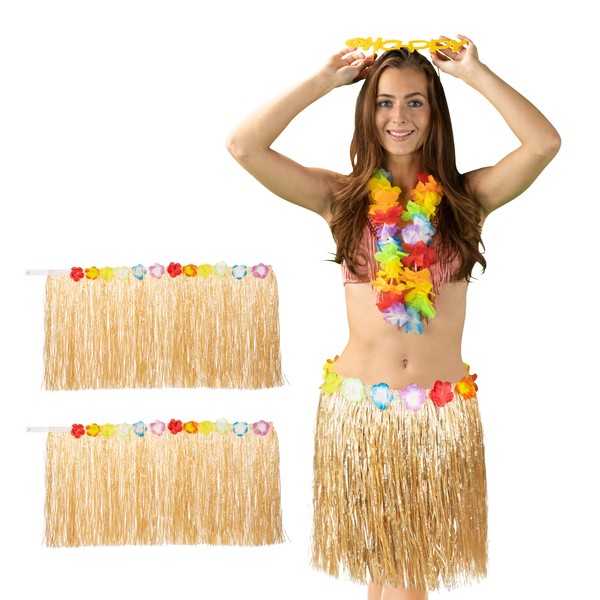 Relaxdays Hula Skirt, Set of 3, 50 cm Long, Velcro Fastening, Hawaiian Skirt with Flowers, Costume Skirt for Men and Women, Colourful