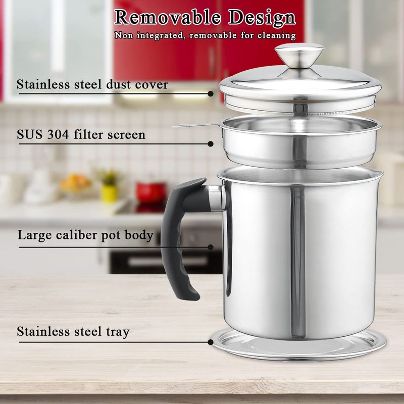Kyraton Bacon Grease Container With Strainer, 48 oz Stainless Steel