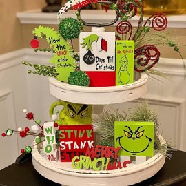 6Pcs Grinch Tiered Tray Decor Set Farmhouse Grinch Wood Sign Decor Green Christmas Tree Grinch Wood Signs Tiered Tray Decoration,Funny Christmas Indoor Ornaments