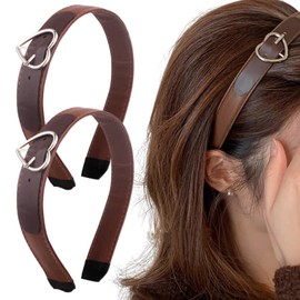 Thinslimer 2PCS Cute Brown Leather Headbands for Women,Heart Decorative Vintage Head Band Hair Accessories,Womens Headbands Fashion