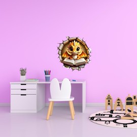 3D Dragon Wall Decal, Reading Baby Dragon Breaking Through Wall, Kids Room Decorative Sticker