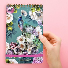 Lola Design - Top Spiral Notepad with Elastic Closure, Peacock Design - Perfect for Jotting Down Notes, Shopping Lists, Reminders - 185x120x10mm, 150 Tear-off Pages
