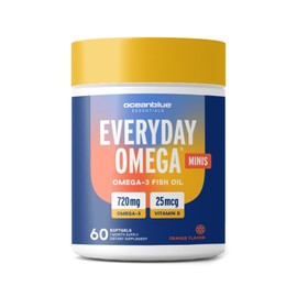 Oceanblue Oceanblue Essentials Everyday Omega Minis C 60ct C Burpless Fish Oil with Vitamin D3 C for Heart and Immune Support C Easy to Swallow Mini Softgels C Tasty Orange Flavor C 1 Month Supply