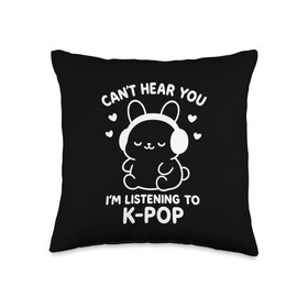 Cute K-Pop Bunny Headphones Shirt Funny Korean Music Fandom Throw Pillow