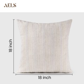 AELS 18x18 Decorative Farmhouse Linen Throw Pillow Covers, Beige with Creamy White Chenille Striped Pillow Case, Set of 2, Boho Textured Cushion Cover for Sofa Couch Living Room (Cover ONLY)