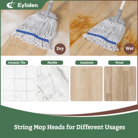 Eyliden 3 Pack Mop Heads Replacement, Universal Commercial Mops for Floor Cleaning, Looped-End Cotton Mop Head Refills for Multi-Surface, Home Industrial Wood Tile