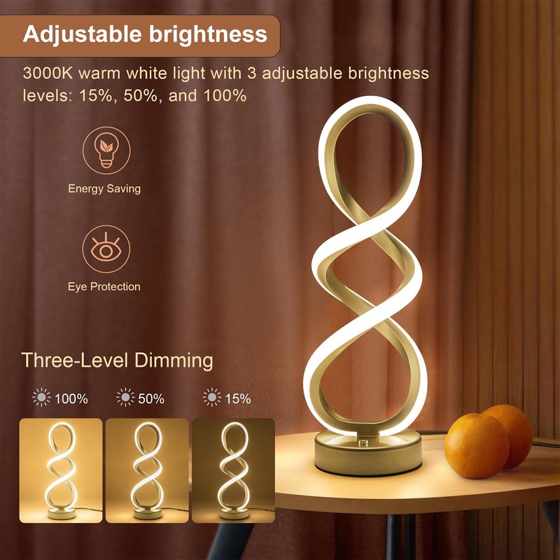 Modern Spiral Table Lamp, Bedside Lamp with Dimmable Metallic Bedside