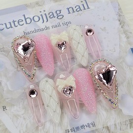 Pink Heart Emboss Handmade Nail Tips - Oval M / 핑크하트엠보 수제네일팁 - 오벌M