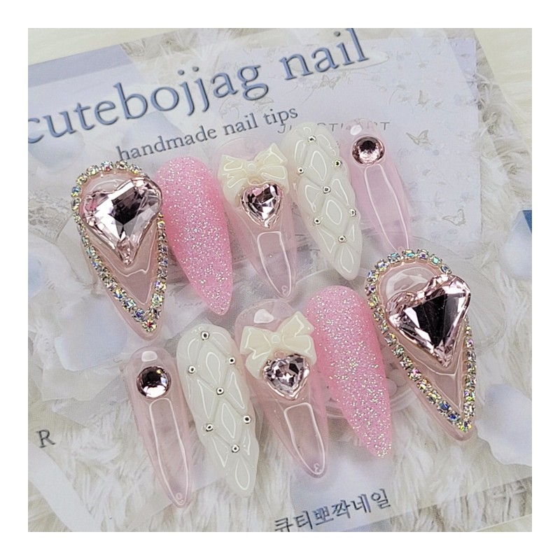 Pink Heart Emboss Handmade Nail Tips - Oval M /