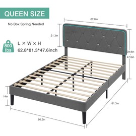 VECELO Upholstered Queen Bed Frame with Headboard Adjustable, Velvet Platform Bed with LED Lights, Charging Station, Mattress Foundation with Wooden Slats, Noise Free, No Box Spring Needed, Grey