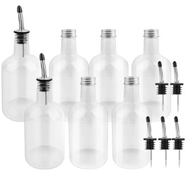 BUWUSMU 7 Sets 16 oz Plastic Long Neck Bottles with Pourer and Caps, Plastic Juice Pour Bottles with Stainless Steel Bottle Pourer Tapered Spout for Liquor Juice Store Syrup Bottles Pourers