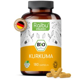 Raibu® Organic Turmeric Capsules, 180 Capsules, High Dosage with 3,000 mg per Daily Dose, Made in Germany, Vegan